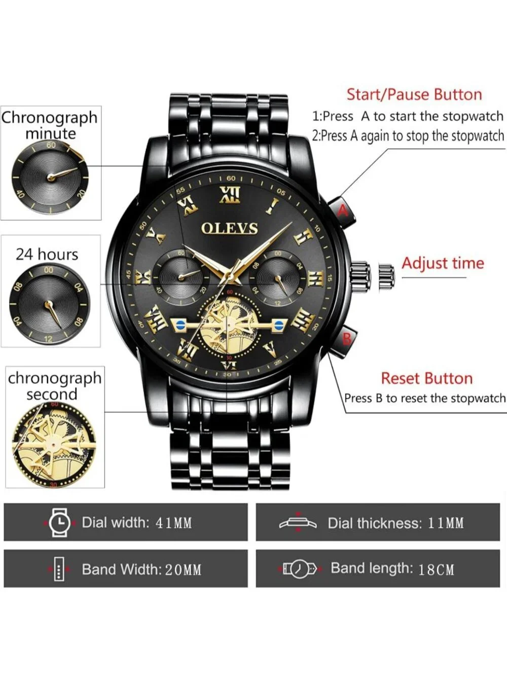 Olevs Men's Black Gold Multifunction Waterproof Luminous Chronograph Wrist Watch